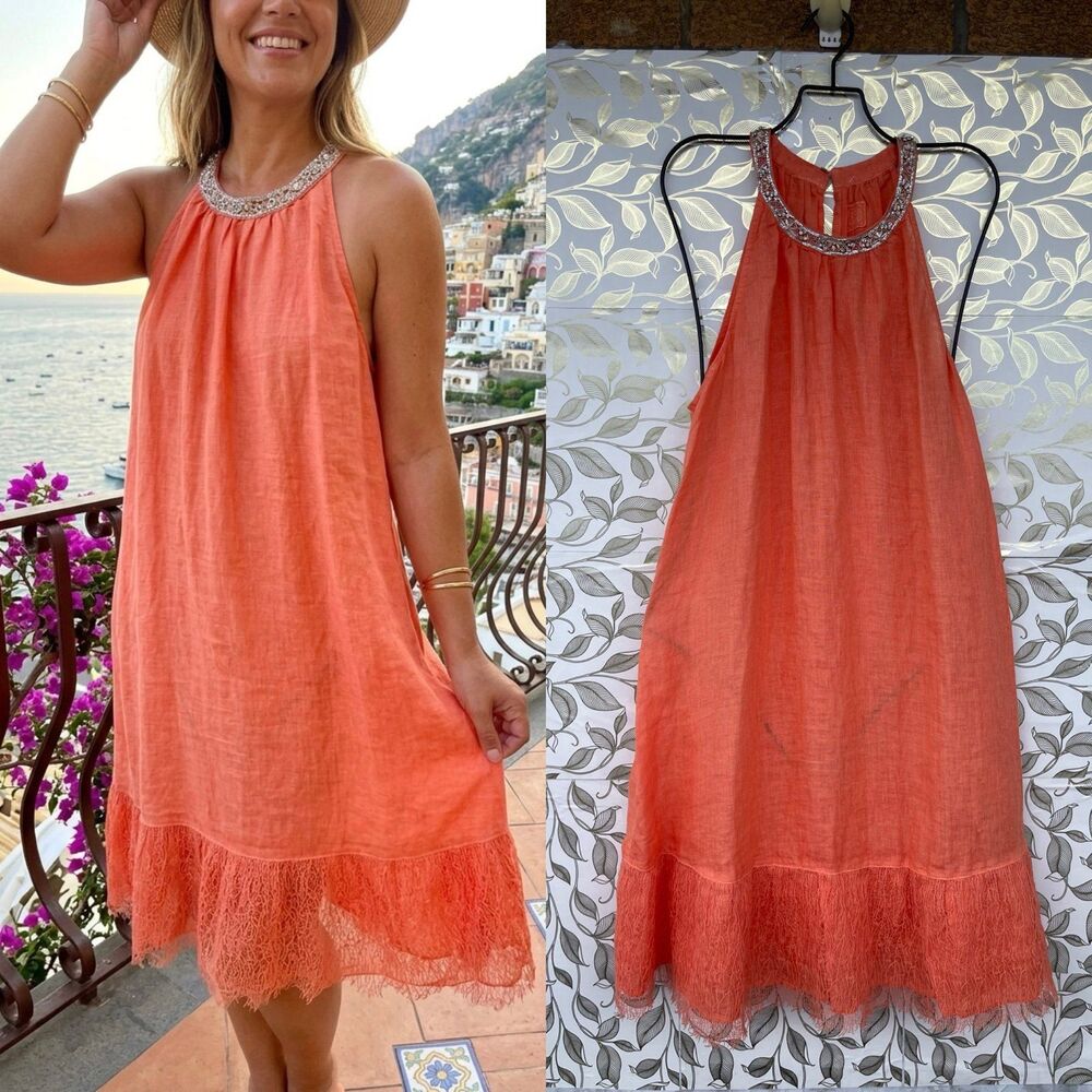120% Lino Orange  Halter Linen Shift Dress Embellished Neck Fringe IT 48 /12